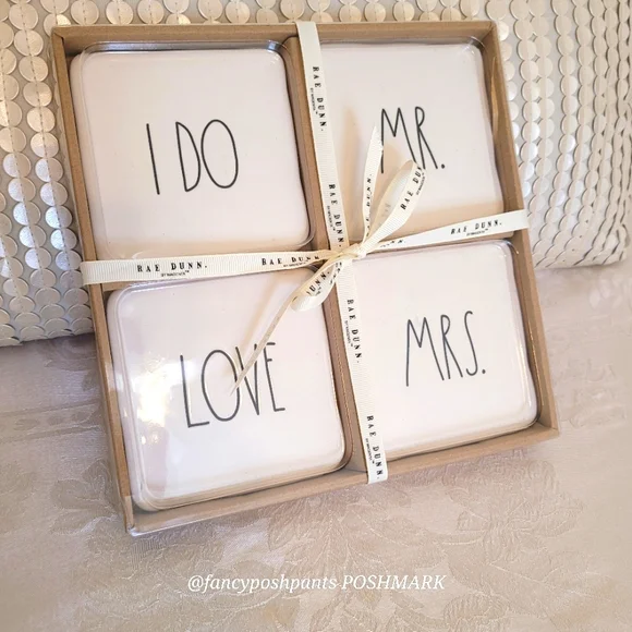 new!RAE DUNN white wedding engagement anniversary coaster 4 piece set sealed - Picture 1 of 12